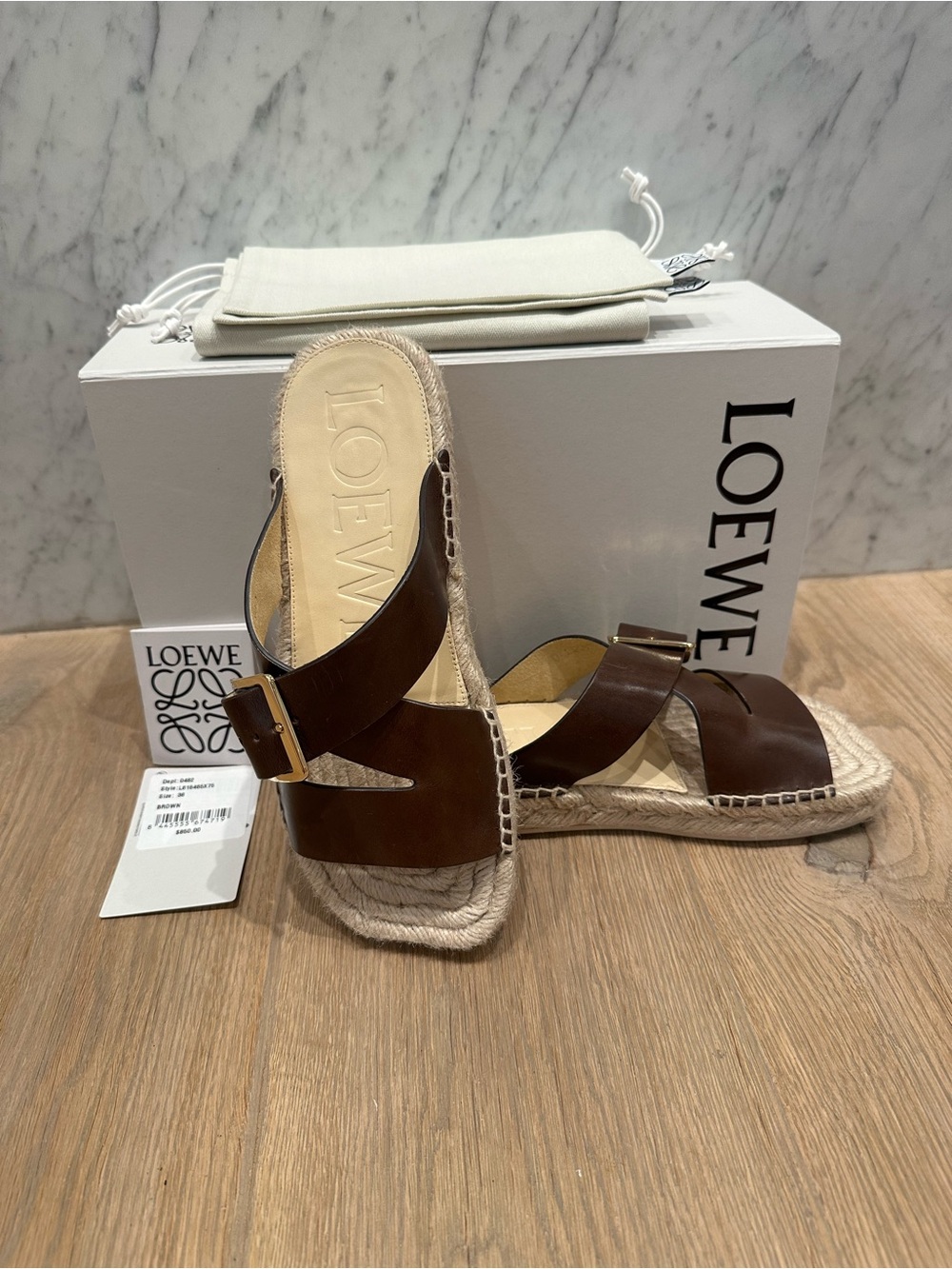 Loewe Petal Brown Espadrille Leather Buckle Slides